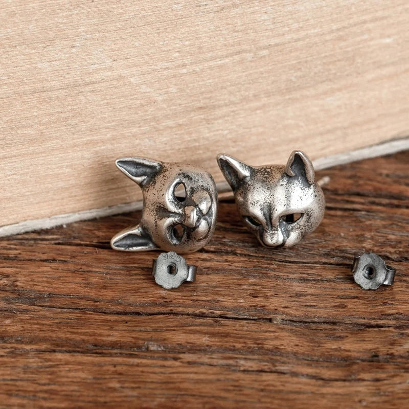 MKENDN 100% 925 Sterling Silver Creative Retro Women Cat Mask Stud Earring Trendy Street Punk Style Ear Pin Fine Jewelry