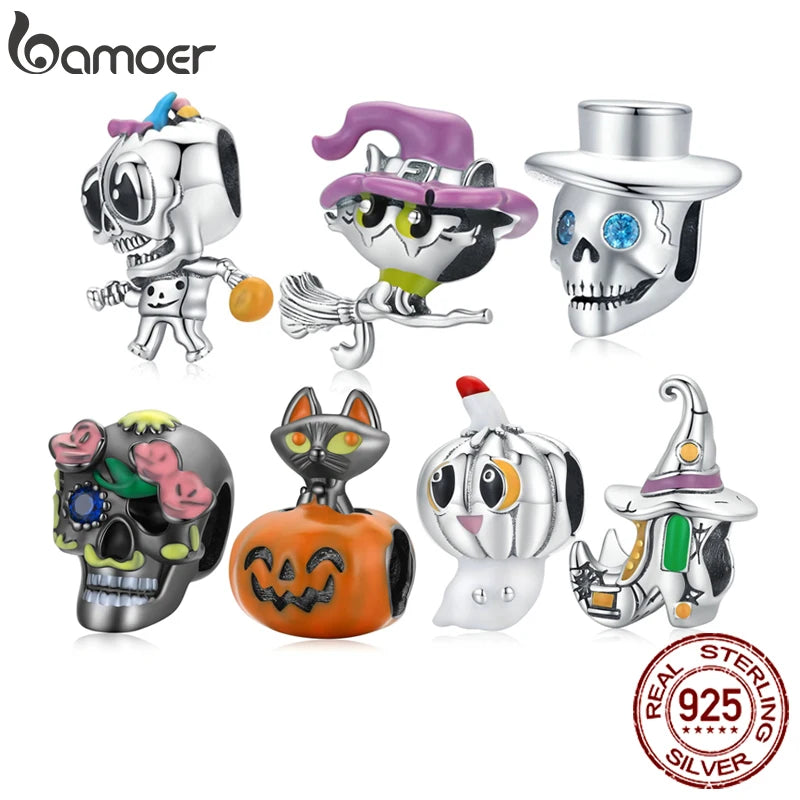 bamoer 925 Sterling Silver Halloween Charm Pumpkin Black Cat Rose Skull Ghost Shoe Witch Cat Gentleman Skull Bead for Bracelet