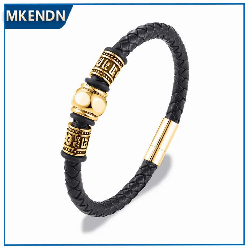 MKENDN Traditional Tibetan Buddhism Men Multilayer Braided Leather Bracelet Stainless Steel OM Magnetic Clasp Fashion Jewelry