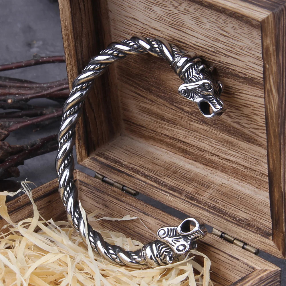 Bracelet en acier inoxydable avec ours nordique Viking réglable pour homme avec boîte en bois Viking