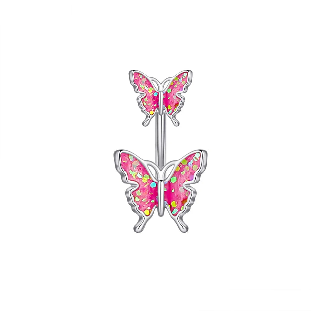 Stainless Steel Navel Piercing Blue Pink Dance Belly Rings Body Piercing Jewelry 14G Butterfly Belly Button Ring for Women Girls