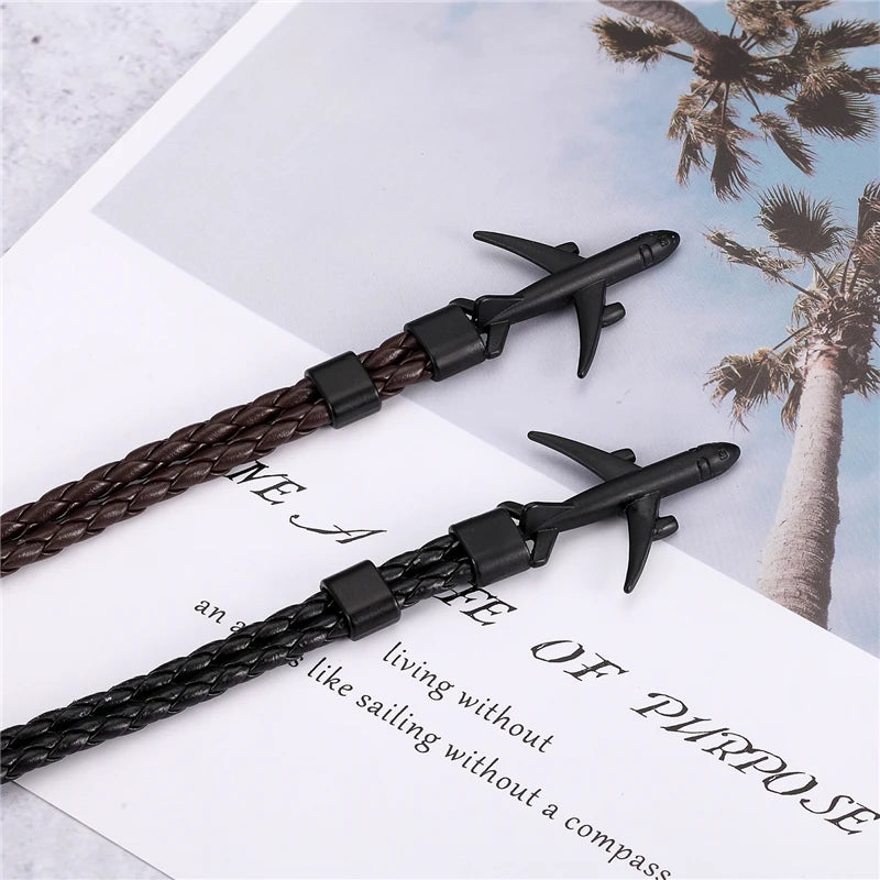 MKENDN Fashion Airplane Anchor Bracelets Women Charm Leather Bracelets Men Metal Hooks Hope Homme Jewelry Aviation Style