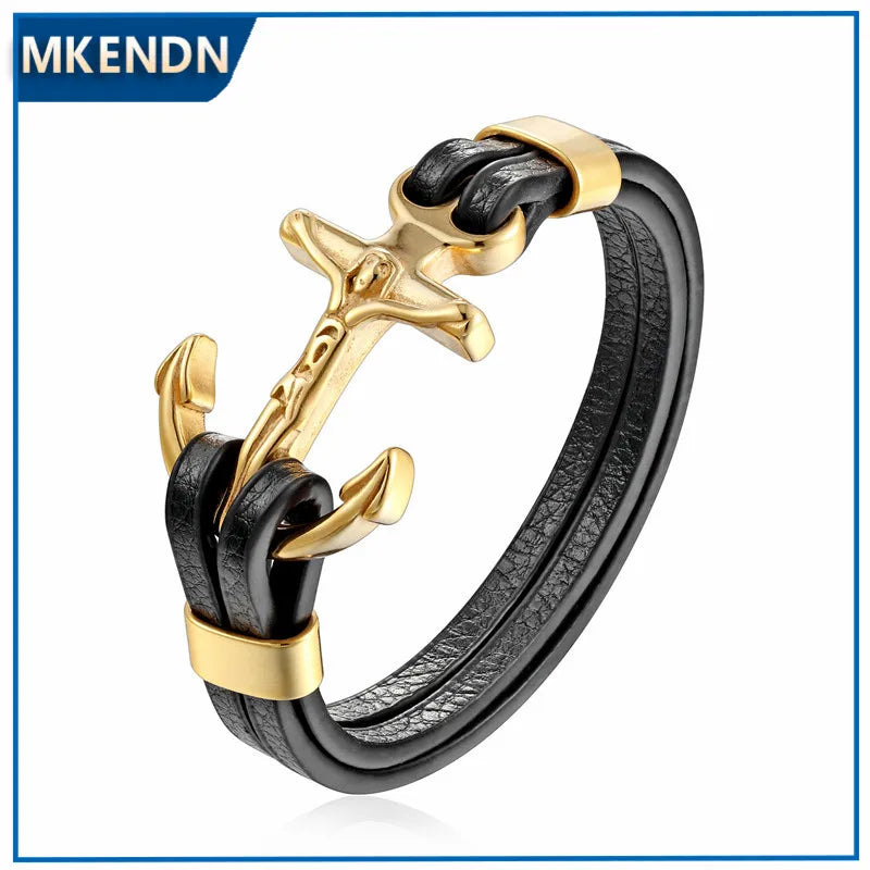 MKENDN Vikings Wolf Men Religions Bracelet Bangle 18k Plated Anchor Multi-layers Stitching Christian Jewelry