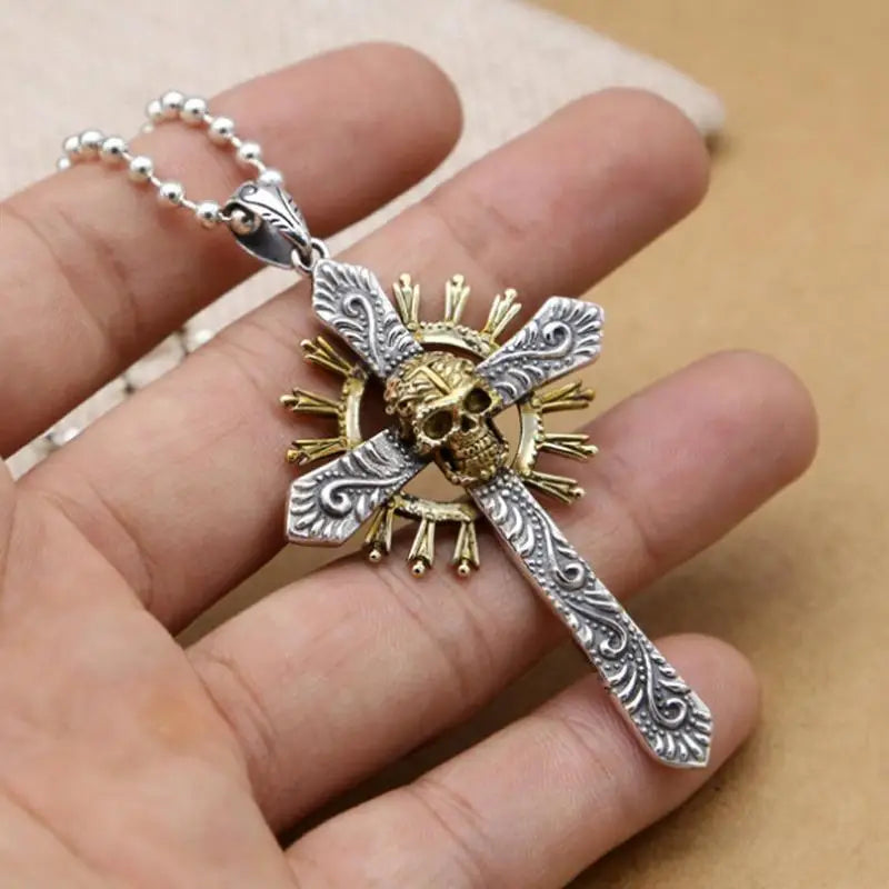 Retro Gothic Skull Cross Pendant Gold Color Necklace Men's Personality Creative Jewelry Halloween Gift