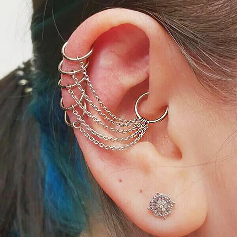 Long Chain Cuff Earrings 6 Rings Steel Helix Tragus Piercing Fake Non Piercing Ear Women Jewelry Body Cartilage Hoop Studs Oreja