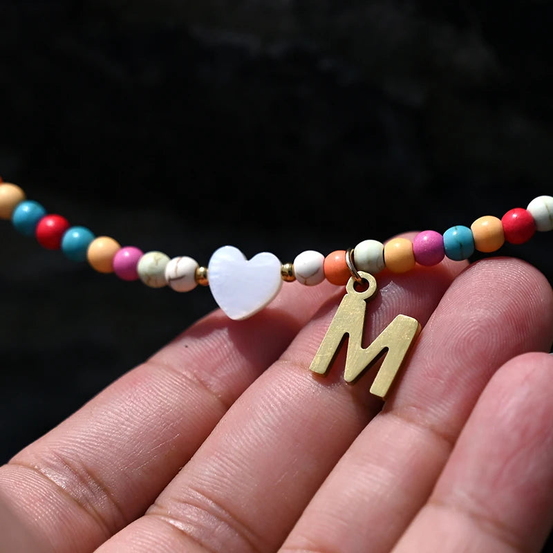 Stainless Steel Initial Letter Pendant Necklace with Colorful Beads