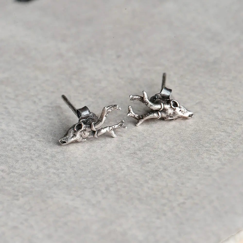 MKENDN 100% 925 Sterling Silver Creative Retro Deer Head Skull Stud Earring Punk Street Style Ear Pin for Men Women Fine Jewelry