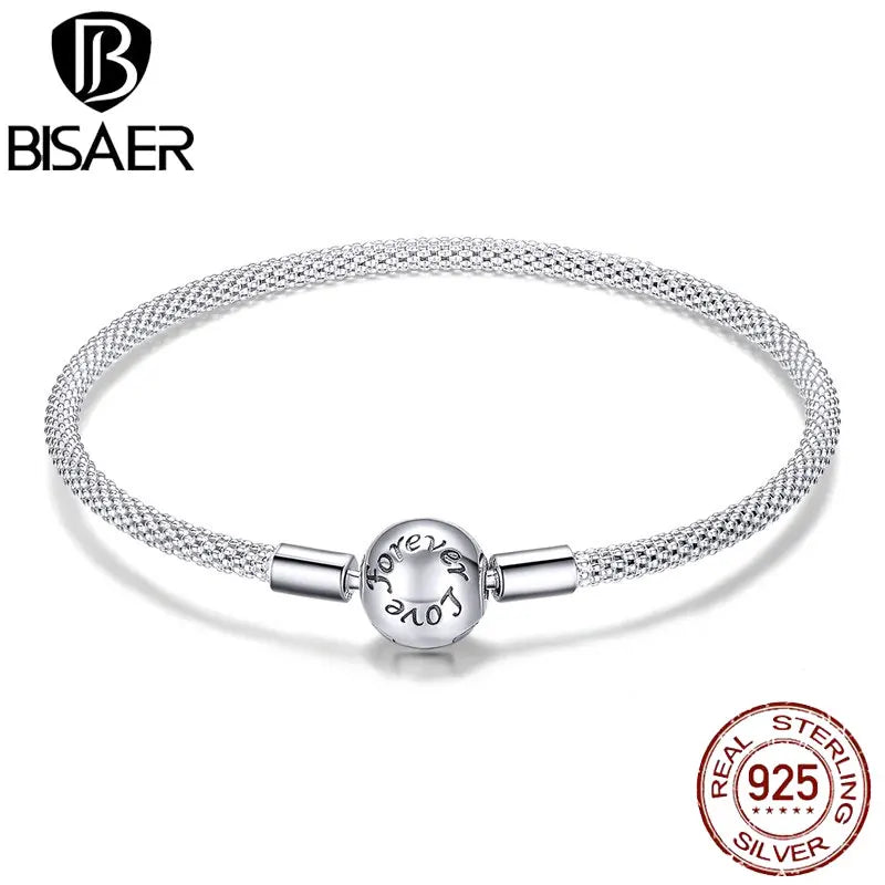 BISAER 925 Sterling Silver Forever Love Round Classic Bracelets Fit DIY Charms Bead For Women Female Luxury Fine Jewelry Gift