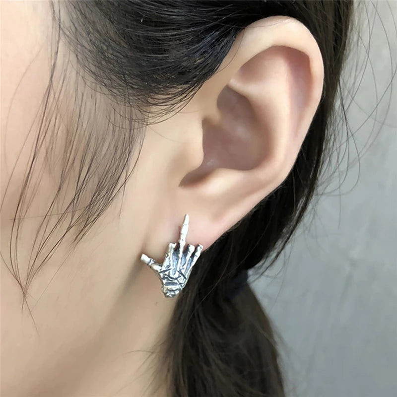 MKENDN 100% 925 Sterling Silver Creative Retro Skull Demon Hand Middle Finger Shape Stud Earring Hip-hop Street Punk Ear Jewelry