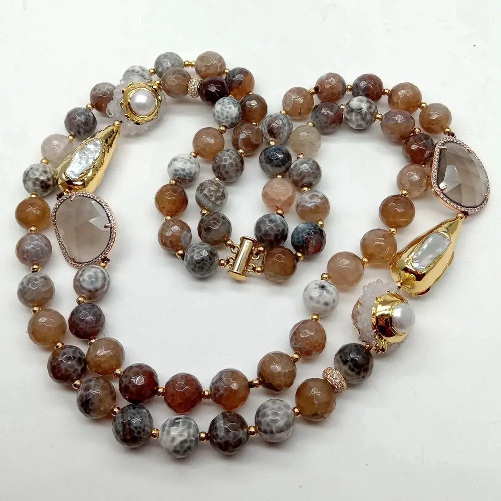 Y·YING 2 Strands 12mm Faceted Round Brown Fire Agates Crystal Pearl Quartz Druzy Choker Necklace 21"