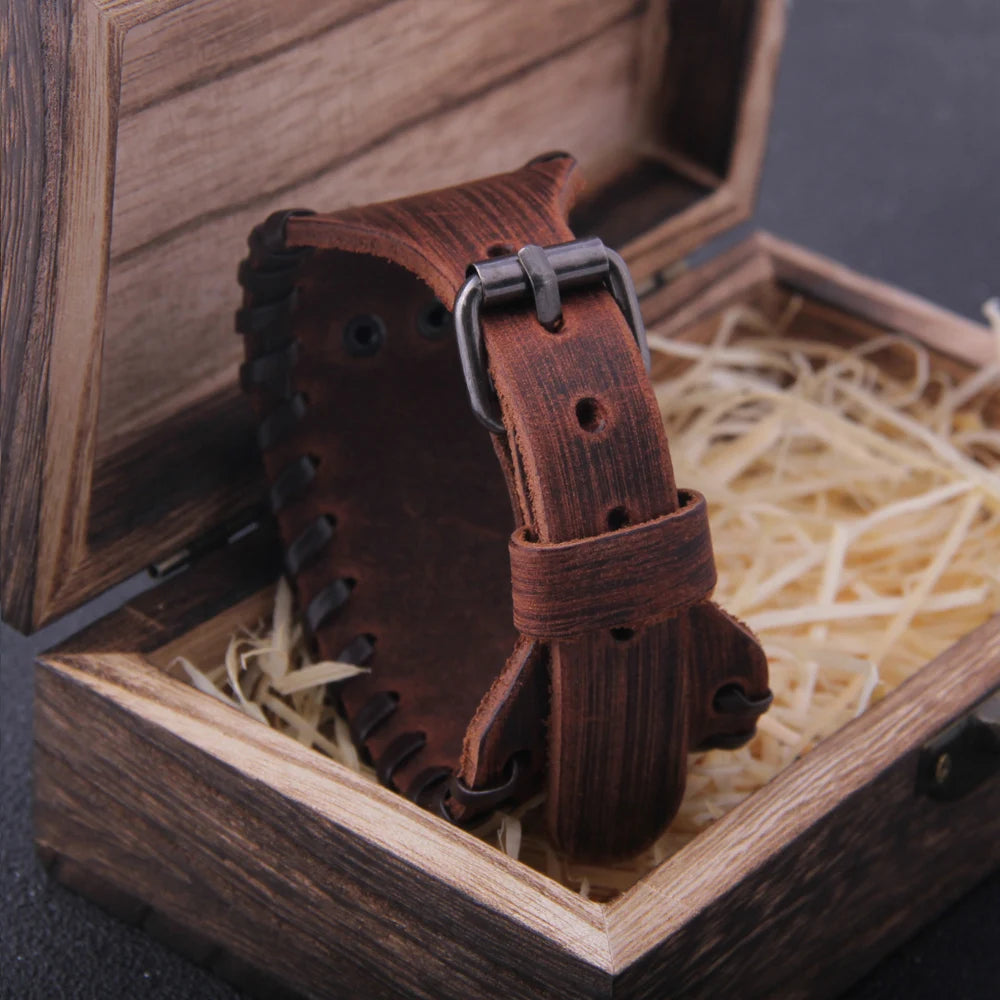 Charm Wide Leather Bracelet Men Punk Braided Rope Alloy Cuff Bangle Male Wristband Viking Bracelet Mens Jewelry with wood box