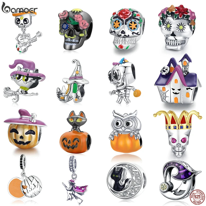 Bamoer 925 Sterling Silver Halloween Skeleton Charms Skull Beads Enamel Witch Pendant for Women Original Bracelet Fine Jewelry