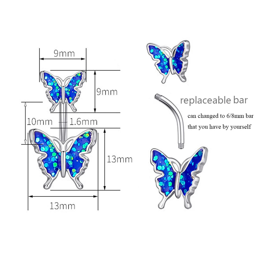 Stainless Steel Navel Piercing Blue Pink Dance Belly Rings Body Piercing Jewelry 14G Butterfly Belly Button Ring for Women Girls