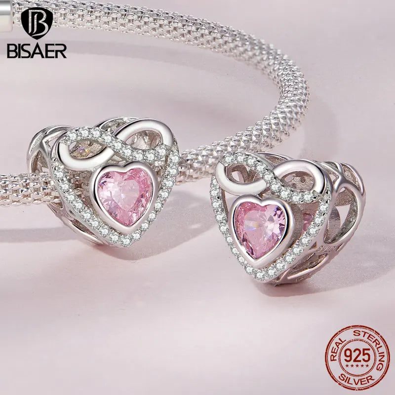 BISAER 925 Sterling Silver Motherly Love Charm Bead Hand Heart Pendant Plated Platinum Fit Mother's Day Bracelet Fine Jewelry