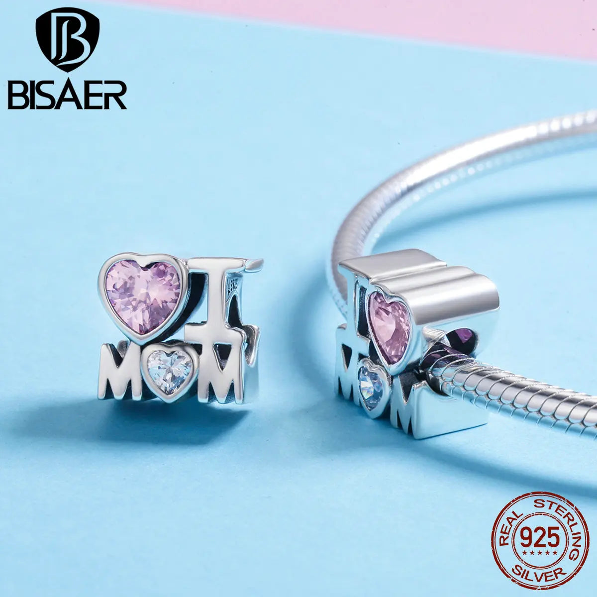 BISAER - Colgante de plata de ley 925 con forma de corazón para mamá, chapado en platino, apto para pulseras de bricolaje para el día de la madre y cumpleaños, joyería fina