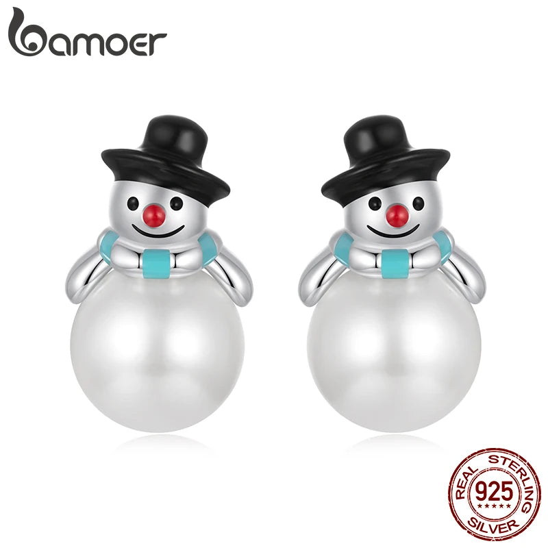 BAMOER Boucles d'oreilles à tige en argent sterling 925 avec perles et bonhomme de neige pour femmes et filles, hypoallergéniques, cadeau de Noël BSE1095