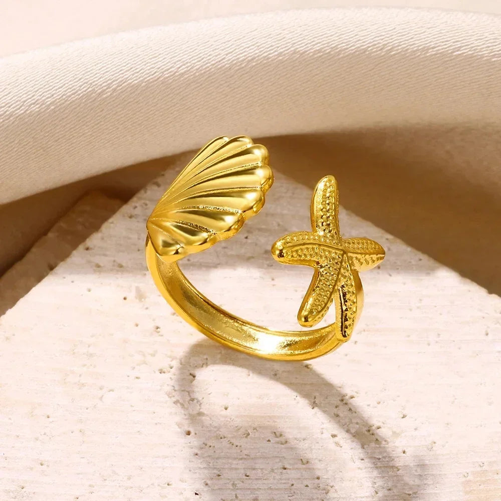 Ocean Starfish Shell Open Rings For Women Men Gold Color Stainless Steel Ring Wedding Couple Engaement Jewelry Summer Beach Gift