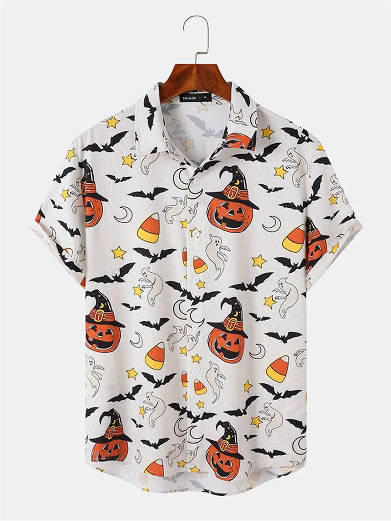 Men's Fashion Halloween Shirt Summer Cute Style Men's Clothing Party Holiday Men Top Pumpkin Head Print Boys' Short Sleeve Shirt