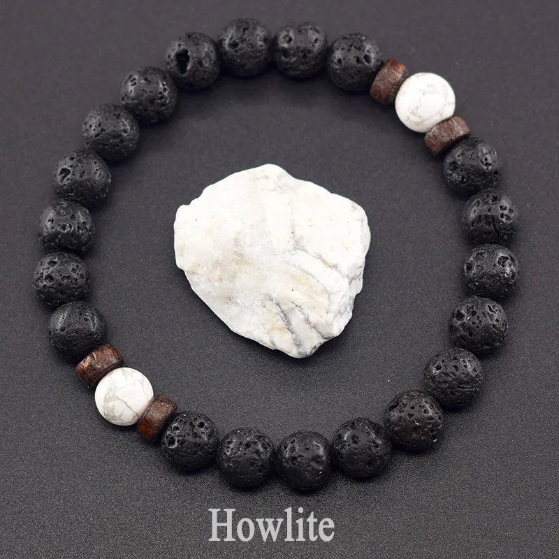 Natural Blue Sandstone Round Beads Bracelet Men Women Vintage Volcanic Stone Jewelry Relieve Anxiety Wristband Birthday Gift