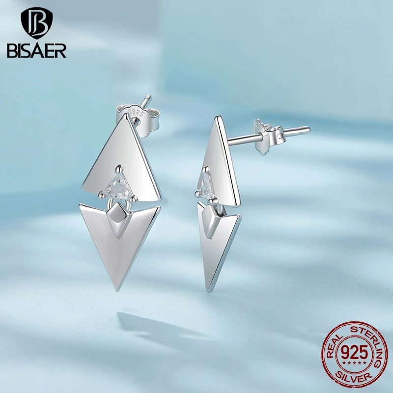 BISAER 925 Sterling Silver Triangle Geometric Stud Earrings Metalness Earrings Plated White Gold For Women Fine Original Jewelry