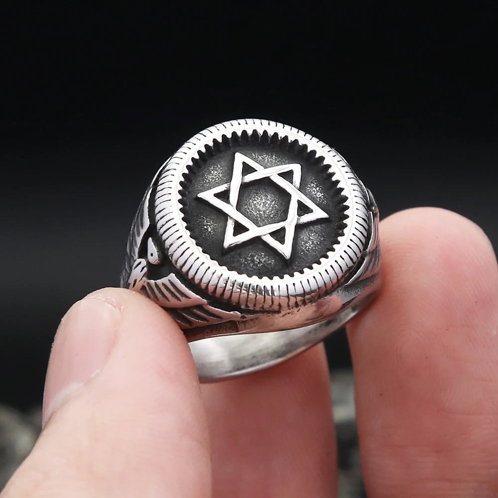 Vintage Punk Star of David Ring Hip Hop Biker Stainless Steel Hexagram With Eagles Rings For Men Women Amulet Jewelry Wholesale