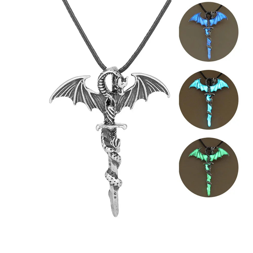 Luminous Glowing Night Fluorescence Glow In The Dark Sword Vintage Dragon Pendant Necklace for Men Women Party Hallowen