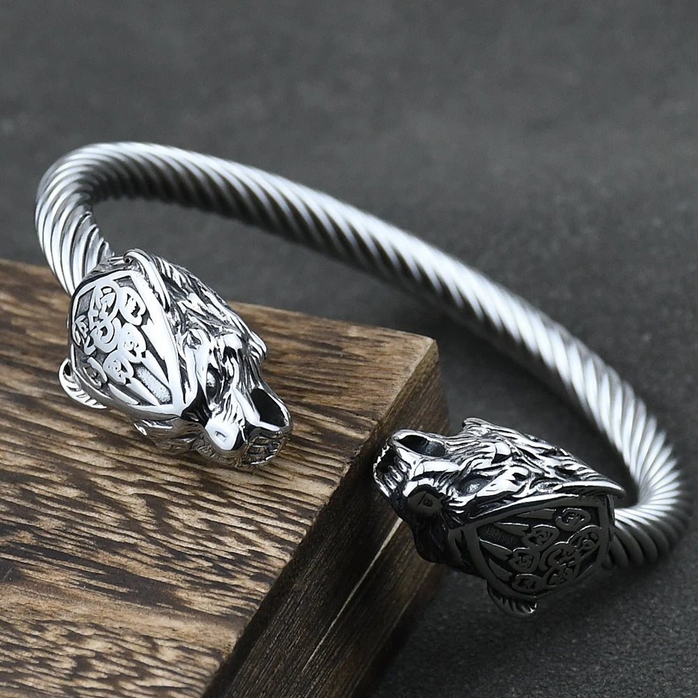 Men Stainless Steel Viking Wolf Geri and Freki Bear Paw Head Bangle amulet Bracelets for Male Gift