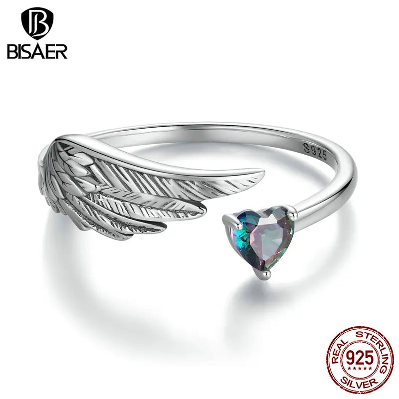 BISAER Real 925 Sterling Silver Vintage Wing Open Ring Heart Band Adjustable Size 5-9 for Women Party Fine Jewelry ECR1070