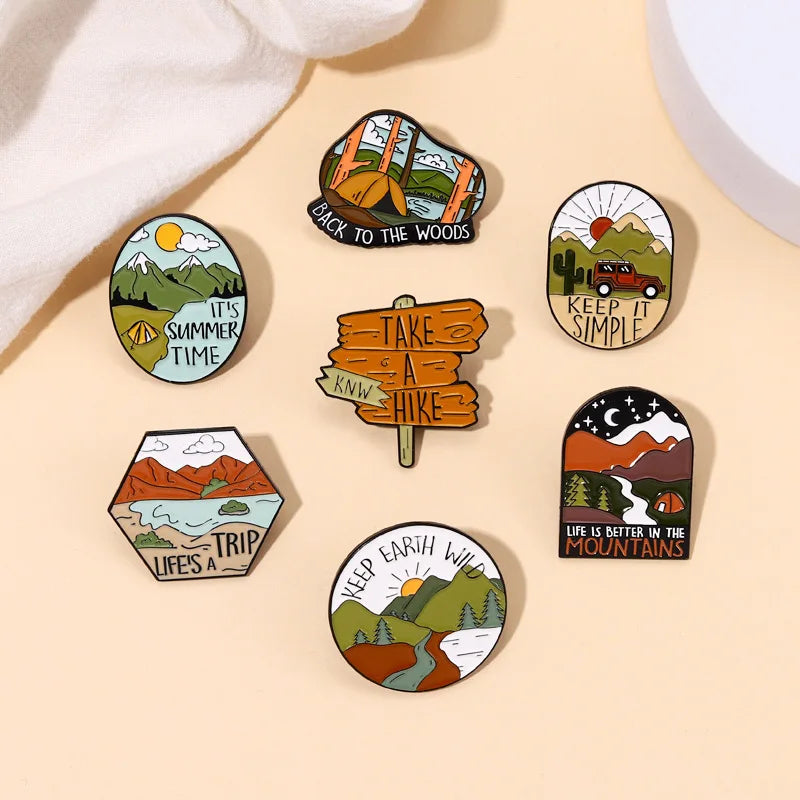 Outdoor Adventure Enamel Pin Wild Camping Hiking Mountain Starry Night Brooches Lapel Backpack Badge Jewelry Gifts For Friends