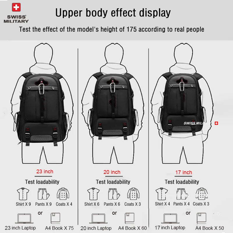 SWISS MILITARY Men Travel Backpack Expandable USB Bag Waterproof Large Capacity 23 inch Hiking Climbing Backpack Male Mochila