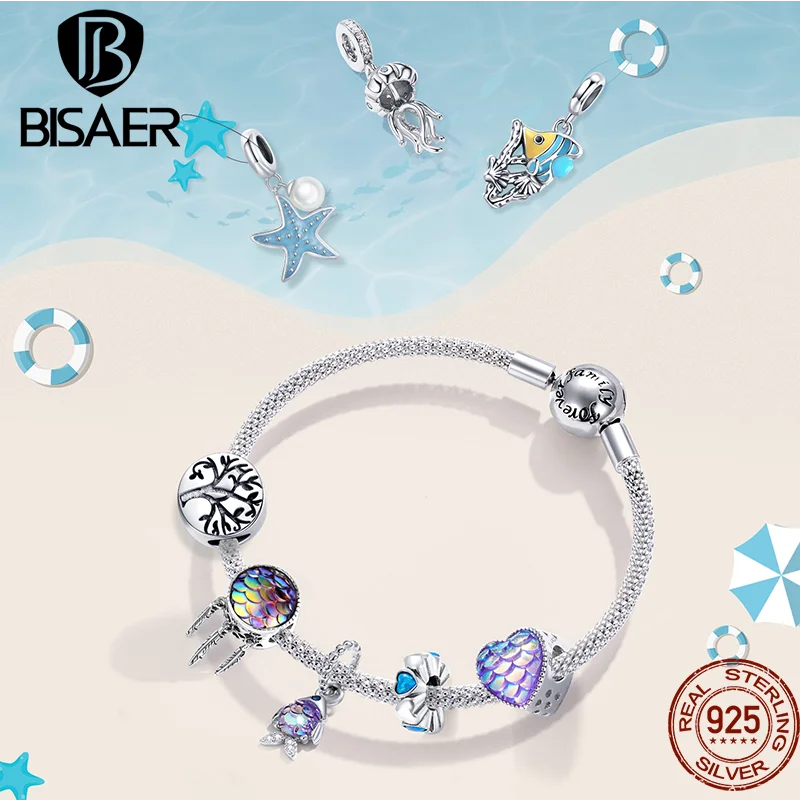 BISAER Colgante de plata de ley 925 con forma de estrella, cola de sirena, estrella de mar, corazón, abalorios de peces tropicales, apto para pulsera de mujer, joyería fina