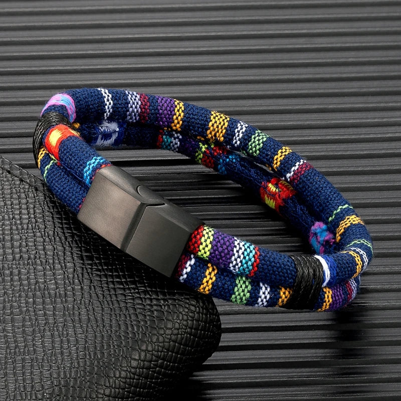 Black Stainless Steel Surfer Waterproof Rope Bracelet Men Women Handmade Woven Double-Layer Design Beach Jewelry Gift