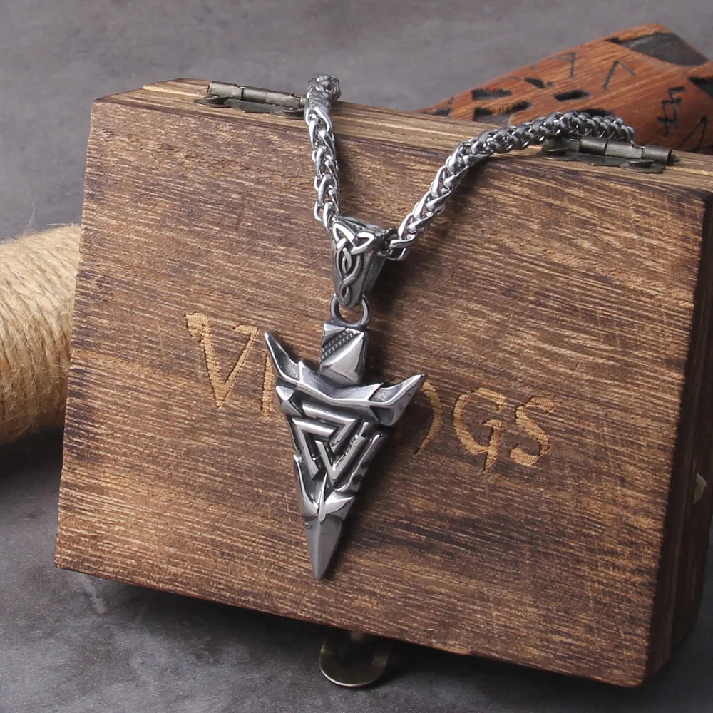 Norse Runes Odin's Spear Gungnir Necklace Men Gold Color Stainless Steel Arrowhead Pendant Valknut Talisman Male Vikings Jewelry