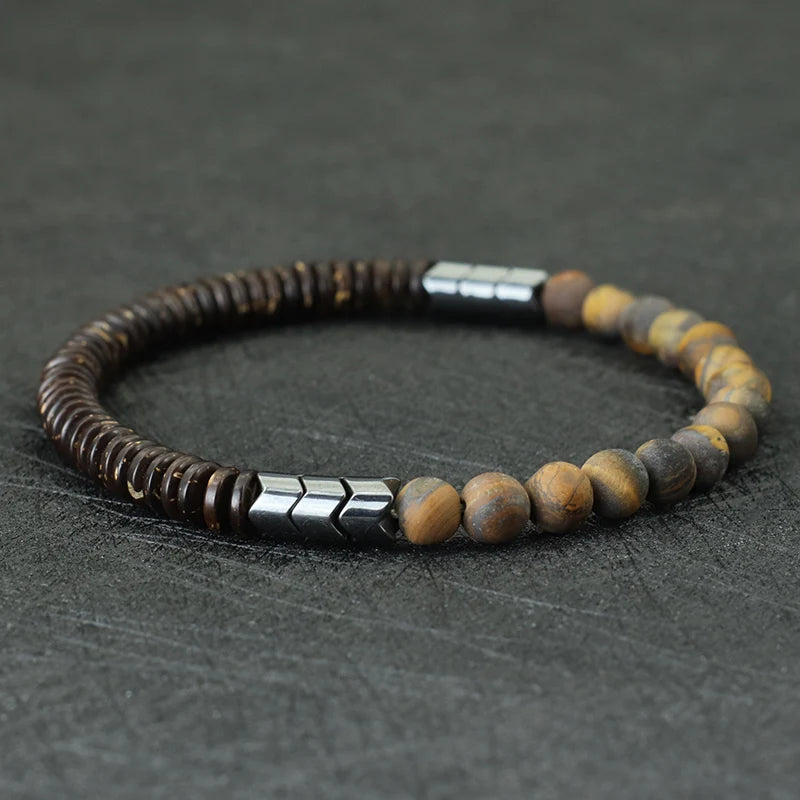 New Coconut Bead Bracelet Men 6mm Natural Blue Sandstone Tiger Eyes Stone Braclet Chakra Energy Braslet Yoga Wood Brazalete