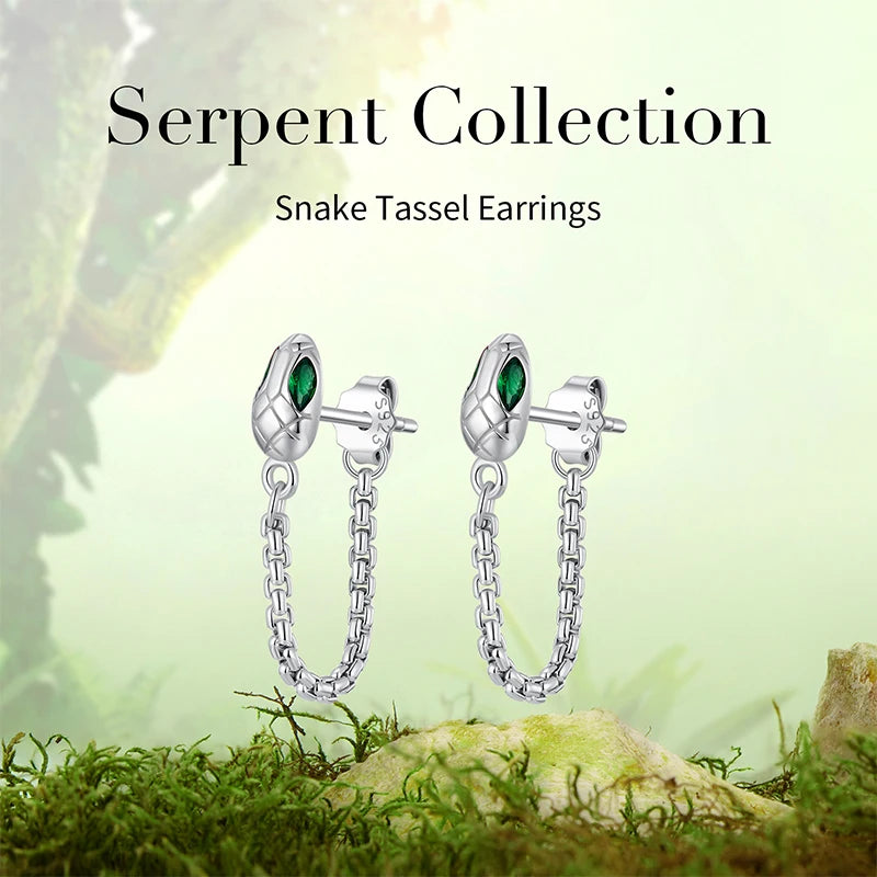 BISAER 925 Sterling Silver Snake Tassel Hoop Earrinngs Metal Stud Earrings Hypoallergenic Classic Ear Women Party Fine Jewelry