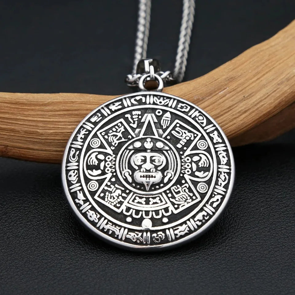 Vintage Ethnic Style Black Pattern Mayan Symbol Pendant Necklace For Men Stainless Steel Fashion Biker Heavy Jewelry Wholesale