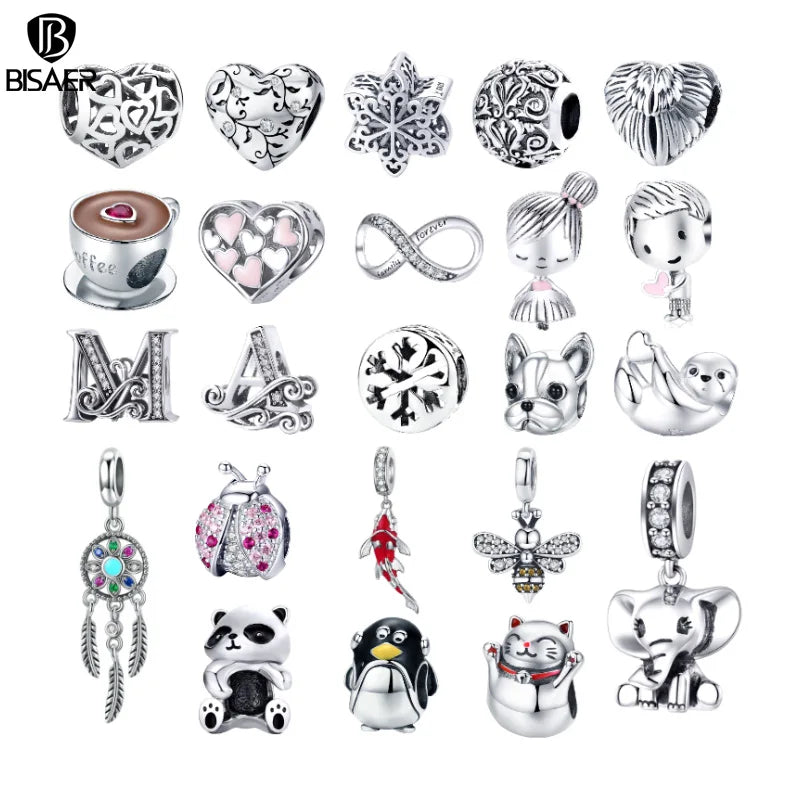 BISAER Alliage Pendentifs Perles Tasse Bulldog Garçon Fille Pendentifs Pingouin Lettre Charmes Perles Ajustement Femmes Bracelets Originaux Bijoux À Faire Soi-Même