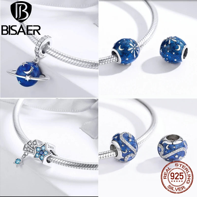 BISAER 100% 925 plata esterlina azul encantos cuentas galaxia estrella luna copo de nieve perlas colgante ajuste mujeres DIY pulseras joyería fina