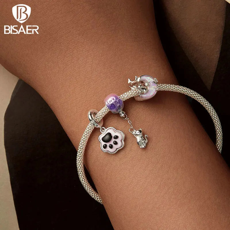 BISAER 925 Sterling Silver Cute Cat Star Pendant Flying Balloon Cat   Pet Paws Charms Beads Fit Woman DIY Bracelet Fine Jewelry