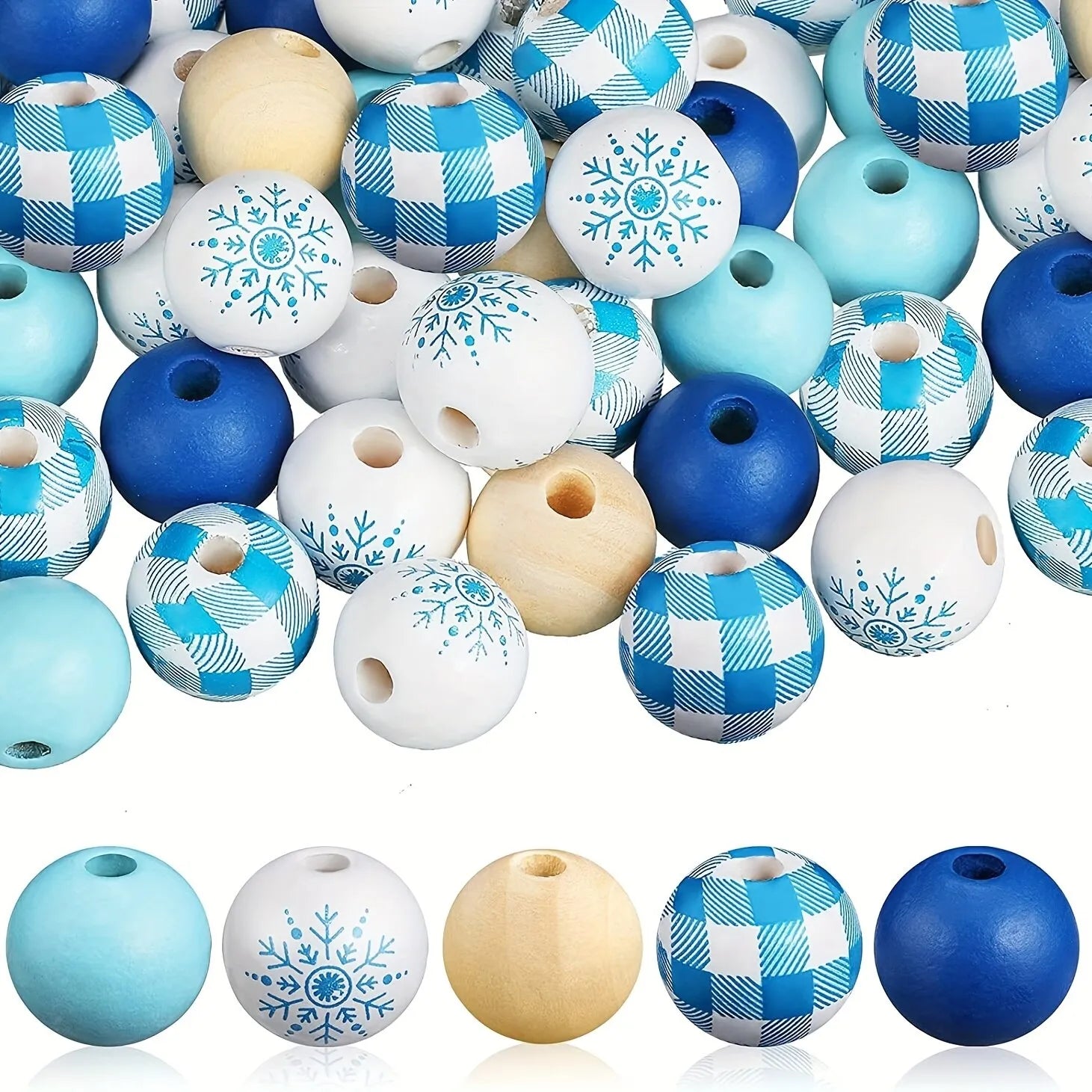50pcs 16mm Snowflake Pattern Wooden Beads Round Plaid Wooden Beads DIY Craft Beads Home Party Decoration