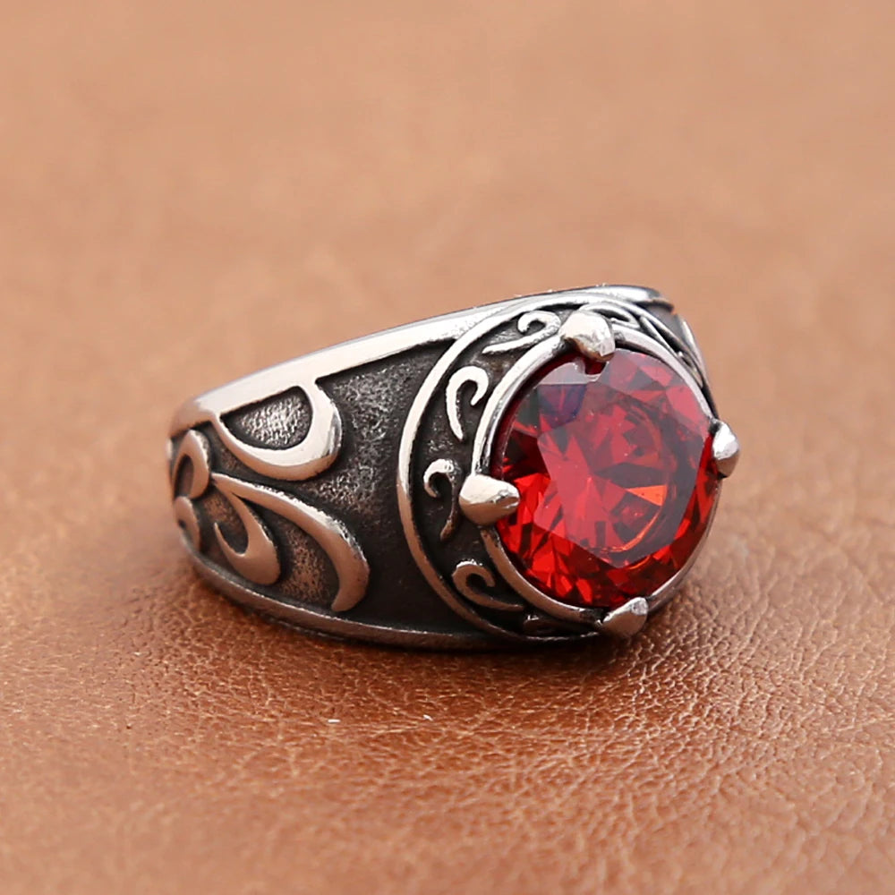 Anillos de piedra azul/rojo/negro vintage para hombres y mujeres, anillo tallado de acero inoxidable estilo punk rock, amuleto de moda, joyería, regalo al por mayor