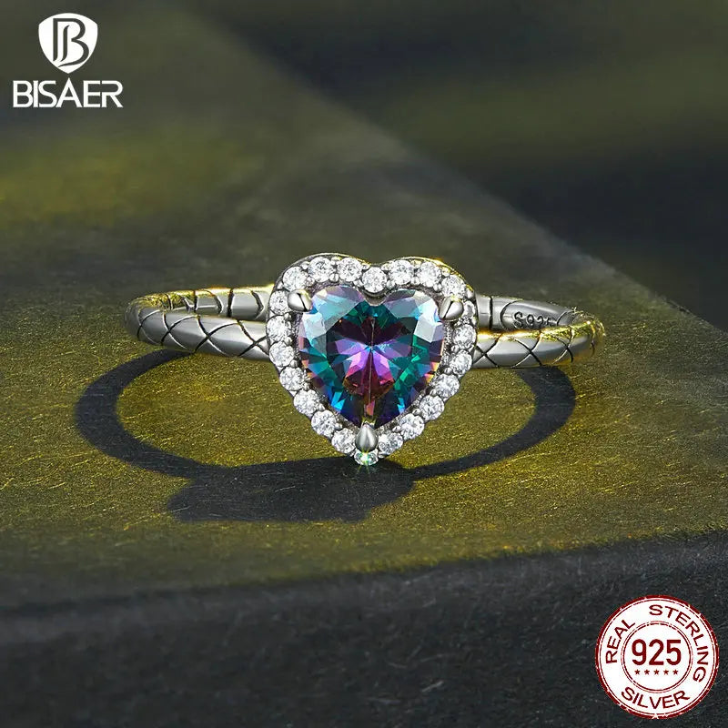 BISAER 100% 925 Sterling Silver Vintage Heart Ring Colorful Zircon Promise Band for Romantic Women Weedding Party Fine Jewelry