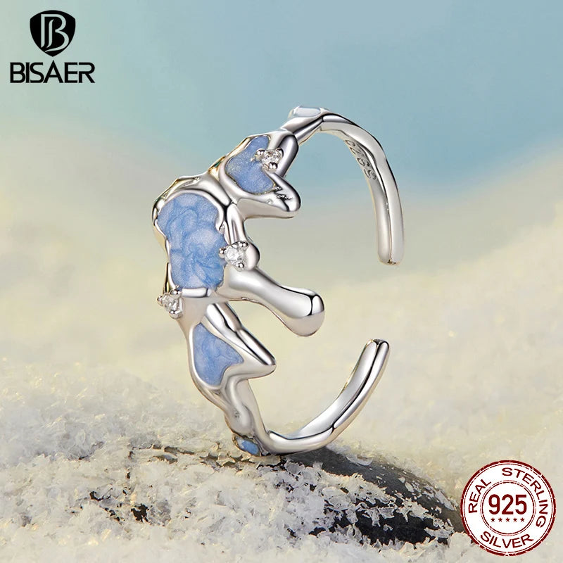 BISAER 925 Sterling Silver Snow Mountain Open Ring Snowflake Adjustable Size Band plated White Gold for Women Party Fine Jewelry