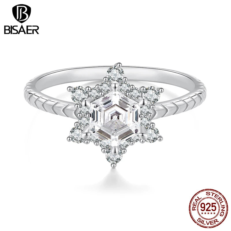 BISAER 925 Sterling Silver Ice Flower Ring Sparkling Zircon Finger Band Plated White Gold for Women Wedding Party Fine Jewelry