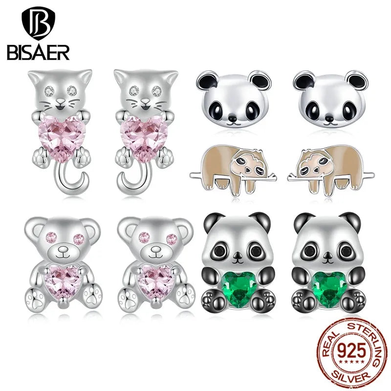 BISAER 925 Sterling Silver Cute Mini Animal Stud Earrings Cat Panda Bear Stud Ear Plated White Gold For Woman Party Fine Jewelry