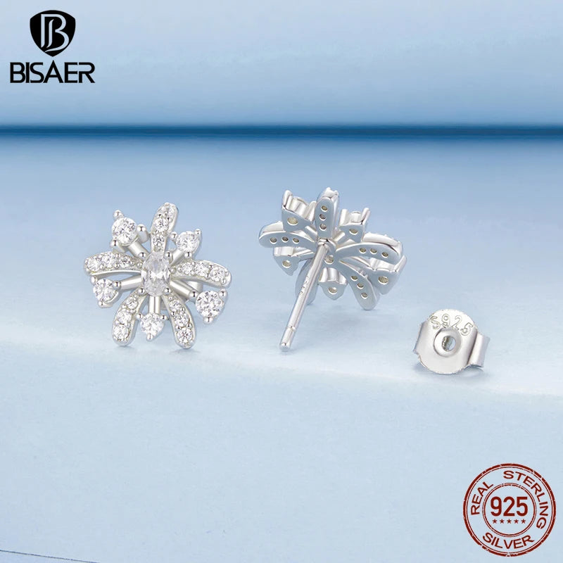 BISAER 925 Sterling Silver Fireworks Stud Earrings Sparkling Stud Ear Plated White Gold for Romantic Women Party Fine Jewelry