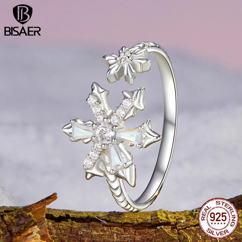 BISAER 925 Sterling Silver Ice Flower Open Ring Sparkling Zircon Adjustable Band Plated White Gold for Women Party Fine Jewelry