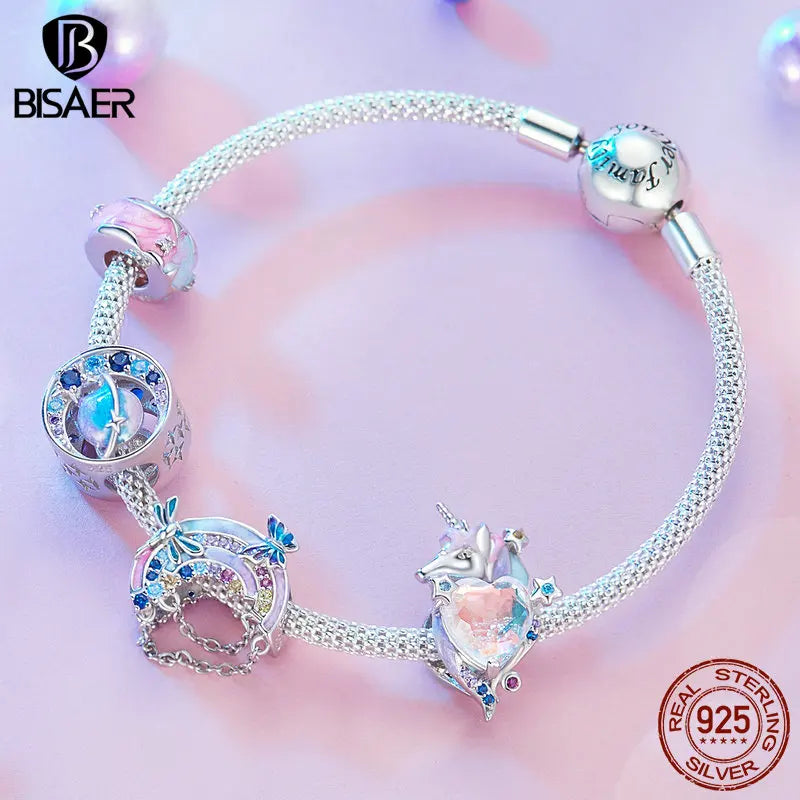 BISAER 925 Sterling Silber Bunte Einhorn Charm Perle Regenbogen Planet Anhänger Vergoldet Platin Fit Mädchen DIY Armband Schmuck