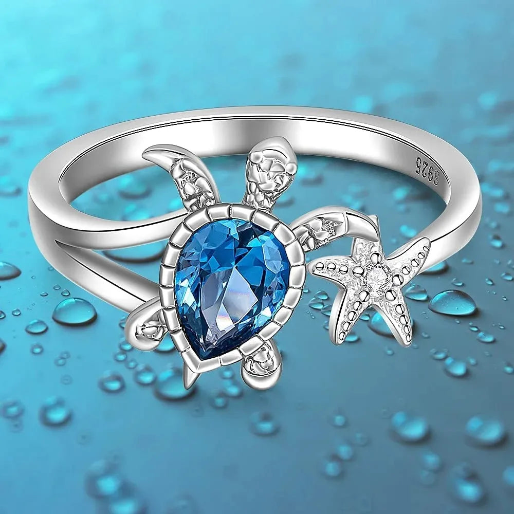 New Sea Turtle Starfish Rings for Women Blue Topaz Cute Ocean Animal Cubic Zirconia Jewelry Girl Birthday Party Gifts Wholesale