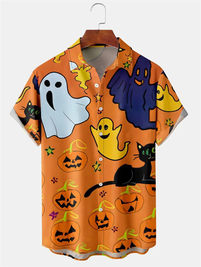 Men's Fashion Halloween Shirt Summer Cute Style Men's Clothing Party Holiday Men Top Pumpkin Head Print Boys' Short Sleeve Shirt